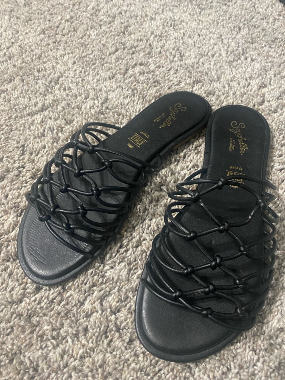 Seychelles Black Knotted Slide Sandals with Strappy Lattice